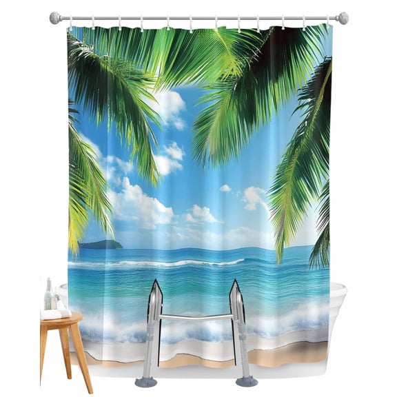 Split Shower Curtain for Transfer Bench, Beach Ocean Waves Fabric Shower Curtains for Bathroom, Summer Tropical Palm Tree Leaves Tub Sliding Transfer Bench Waterproof Bath Curtains 72"x96"