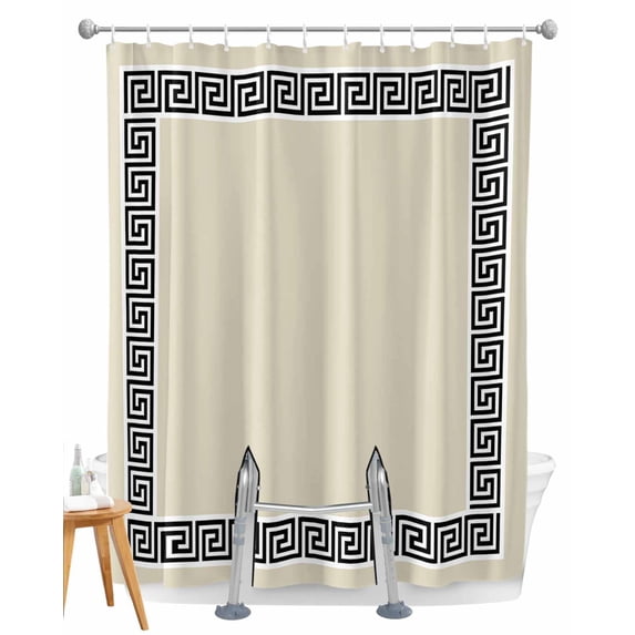 Split Shower Curtain for Transfer Bench, Beige Fabric Shower Curtains for Bathroom, Black Modern Geometric Abstract Art Aesthetics Tub Sliding Transfer Bench Waterproof Bath Curtains 72"x84"