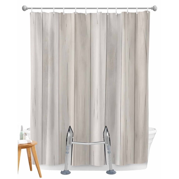 Split Shower Curtain for Transfer Bench, Beige Fabric Shower Curtains for Bathroom, Farmhouse Simple Abstract Striped Wooden Grain Tub Sliding Transfer Bench Waterproof Bath Curtains 72"x78"