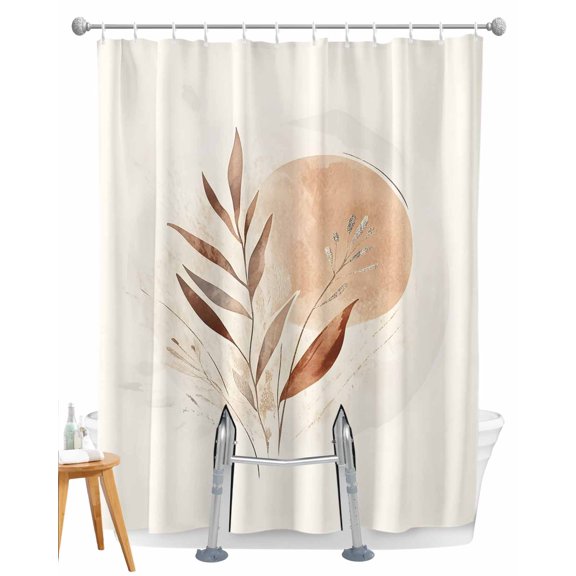 Split Shower Curtain for Transfer Bench, Beige Geometric Fabric Shower Curtains for Bathroom, Modern Abstract Art Botanical Tub Sliding Transfer Bench Waterproof Bath Curtains 72"x96"
