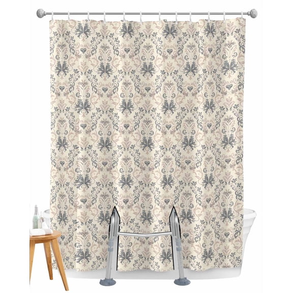 Split Shower Curtain for Transfer Bench, Beige Grey Baroque Fabric Shower Curtains for Bathroom, Abstract Art Floral Pattern Tub Sliding Transfer Bench Waterproof Bath Curtains 72"x96"