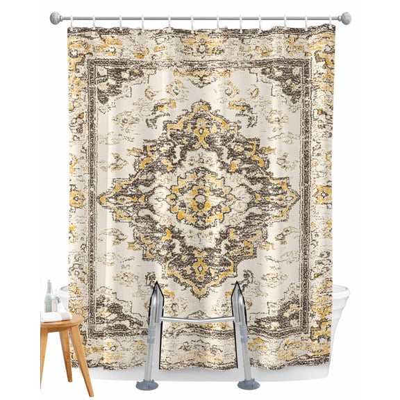 Split Shower Curtain for Transfer Bench, Beige Vintage Boho Fabric Shower Curtains for Bathroom, Ethnic Tribal Geometric Abstract Tub Sliding Transfer Bench Waterproof Bath Curtains 72"x72"