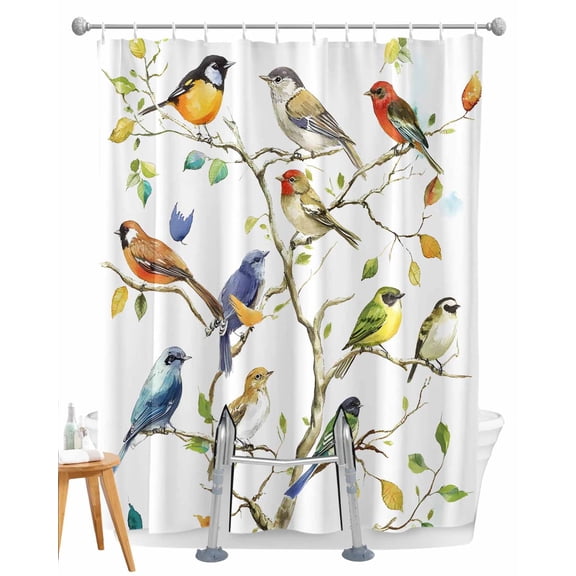 Split Shower Curtain for Transfer Bench, Bird Leaf Fabric Shower Curtains for Bathroom, Spring Summer Tree Branch Farmhouse Retro Tub Sliding Transfer Bench Waterproof Bath Curtains 72"x72"