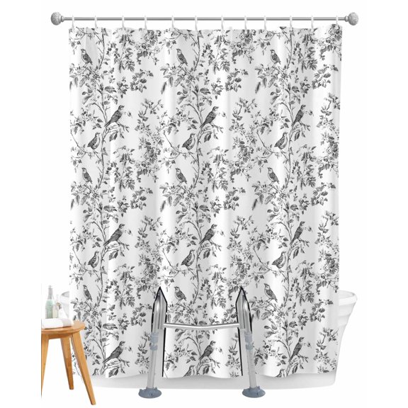 Split Shower Curtain for Transfer Bench, Black Botanical Fabric Shower Curtains for Bathroom, Watercolor Birds Summer Spring Tub Sliding Transfer Bench Waterproof Bath Curtains 72"x72"