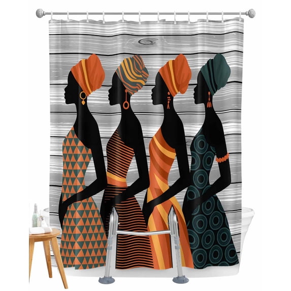Split Shower Curtain for Transfer Bench, Black Female Fabric Shower Curtains for Bathroom, African Women Geometric Abstract Art Tub Sliding Transfer Bench Waterproof Bath Curtains 72"x96"