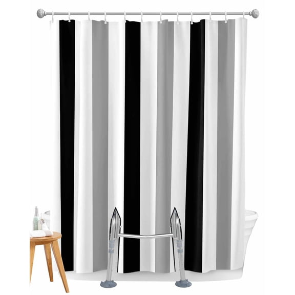 Split Shower Curtain for Transfer Bench, Black Gray Striped Fabric Shower Curtains for Bathroom, Farmhouse Stripe Art Tub Sliding Transfer Bench Waterproof Bath Curtains 72"x72"