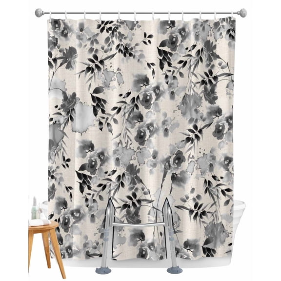 Split Shower Curtain for Transfer Bench, Black Grey Spring Floral Fabric Shower Curtains for Bathroom, Summer Botanical Watercolor Rustic Tub Sliding Transfer Bench Waterproof Bath Curtains 72"x96"