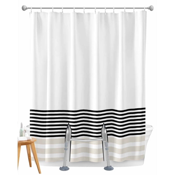 Split Shower Curtain for Transfer Bench, Black Grey Striped Fabric Shower Curtains for Bathroom, Modern Farmhouse Stripes Tub Sliding Transfer Bench Waterproof Bath Curtains 72"x96"