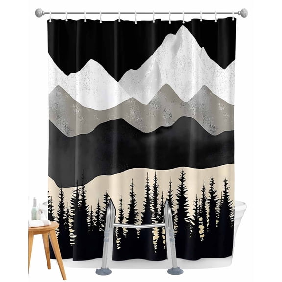 Split Shower Curtain for Transfer Bench, Black Mountain Fabric Shower Curtains for Bathroom, Peaks Landscape Forest Tree Tub Sliding Transfer Bench Waterproof Bath Curtains 72"x96"