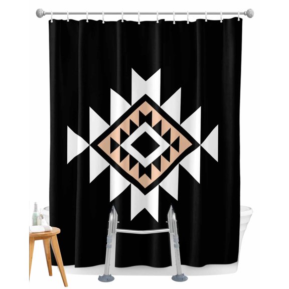 Split Shower Curtain for Transfer Bench, Black White Beige Boho Fabric Shower Curtains for Bathroom, Western Geometric Aesthetic Tub Sliding Transfer Bench Waterproof Bath Curtains 72"x78"