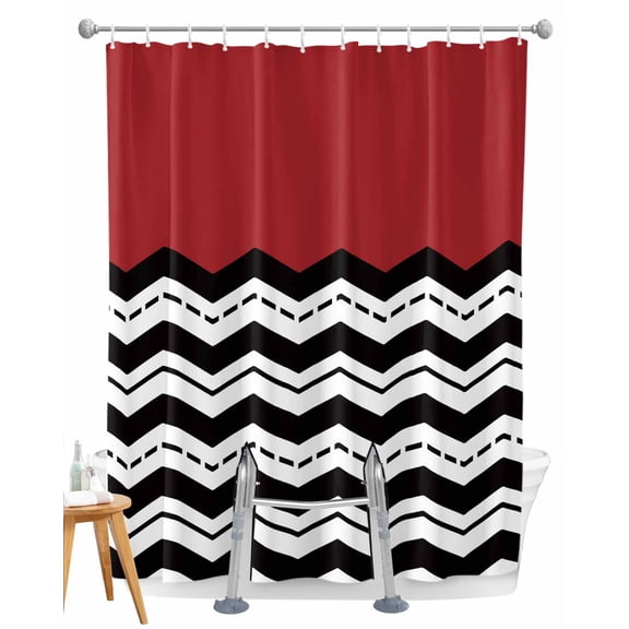 Split Shower Curtain for Transfer Bench, Black White Chevron Fabric Shower Curtains for Bathroom, Geometric Red Sea Wavy Striped Tub Sliding Transfer Bench Waterproof Bath Curtains 72"x96"