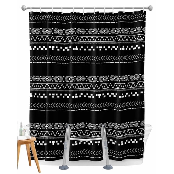 Split Shower Curtain for Transfer Bench, Black and White Geometric Fabric Shower Curtains for Bathroom, Modern Abstract Art Aesthetics Tub Sliding Transfer Bench Waterproof Bath Curtains 72"x84"