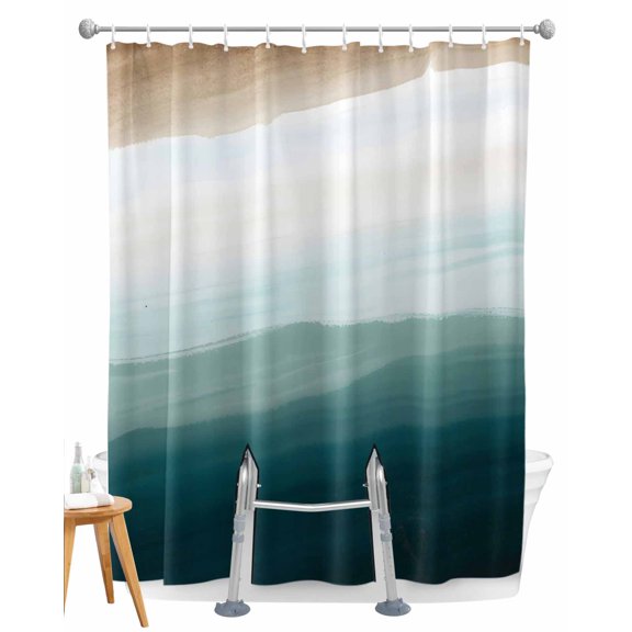 Split Shower Curtain for Transfer Bench, Blue Beach Gradient Fabric Shower Curtains for Bathroom, Boho Sea Waves Ombre Abstract Tub Sliding Transfer Bench Waterproof Bath Curtains 72"x72"