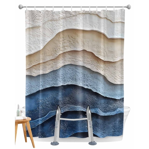Split Shower Curtain for Transfer Bench, Blue Beige Fabric Shower Curtains for Bathroom, Coastal Wave Modern Abstract Art Tub Sliding Transfer Bench Waterproof Bath Curtains 72"x72"