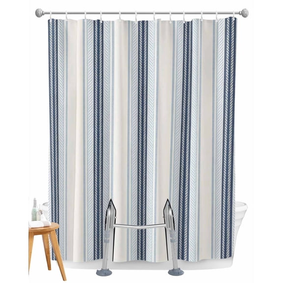 Split Shower Curtain for Transfer Bench, Blue Beige Fabric Shower Curtains for Bathroom, Modern Abstract Gradient Vertical Stripes Tub Sliding Transfer Bench Waterproof Bath Curtains 72"x96"