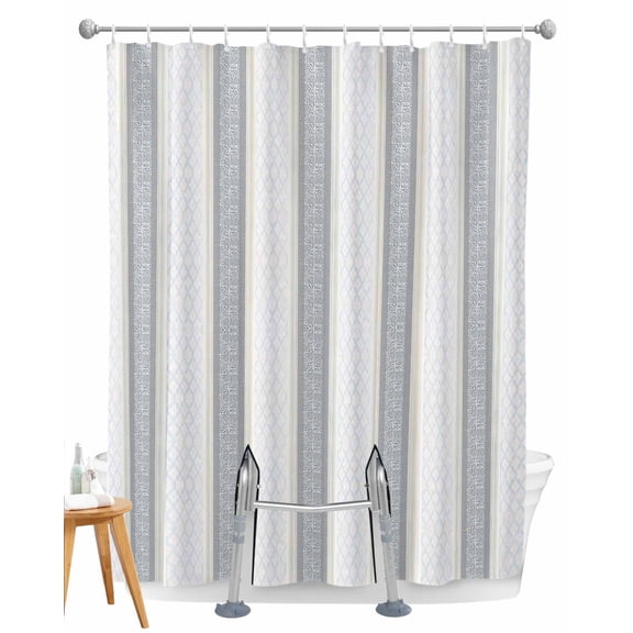 Split Shower Curtain for Transfer Bench, Blue Beige Striped Fabric Shower Curtains for Bathroom, Boho Ethnic Modern Abstract Art Tub Sliding Transfer Bench Waterproof Bath Curtains 72"x96"