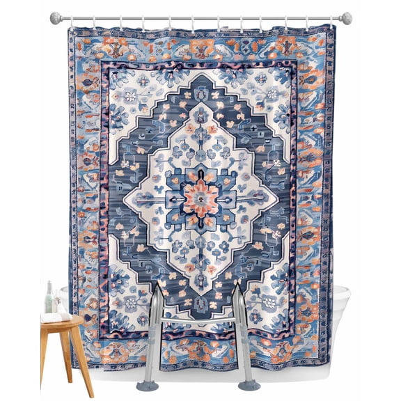 Split Shower Curtain for Transfer Bench, Blue Boho Fabric Shower Curtains for Bathroom, Ethnic Geometric Middle Century Art Tub Sliding Transfer Bench Waterproof Bath Curtains 72"x96"