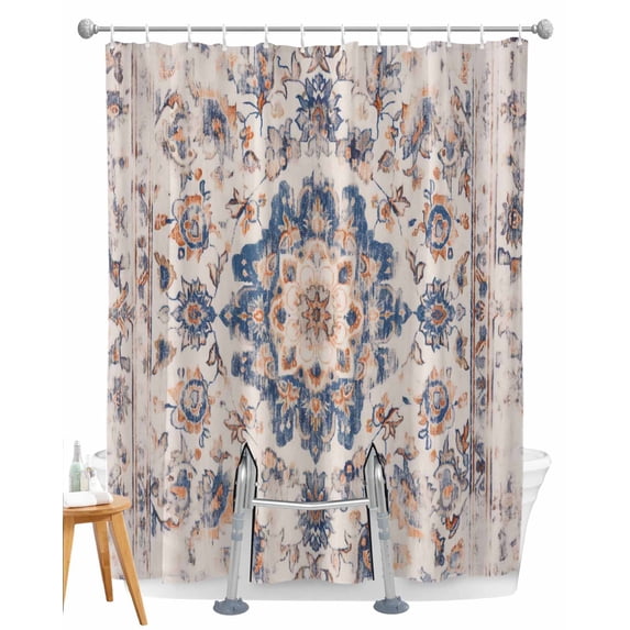 Split Shower Curtain for Transfer Bench, Blue Boho Vintage Fabric Shower Curtains for Bathroom, Southwestern Ethnic Mexican Flowers Tub Sliding Transfer Bench Waterproof Bath Curtains 72"x78"