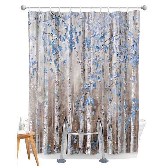 Split Shower Curtain for Transfer Bench, Blue Brown Forest Fabric Shower Curtains for Bathroom, Modern Oil Painting Art Tub Sliding Transfer Bench Waterproof Bath Curtains 72"x72"