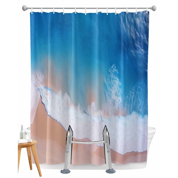 Split Shower Curtain for Transfer Bench, Blue Coastal Fabric Shower Curtains for Bathroom, Summer Beach Seaside Ocean Nautical Tub Sliding Transfer Bench Waterproof Bath Curtains 72"x72"