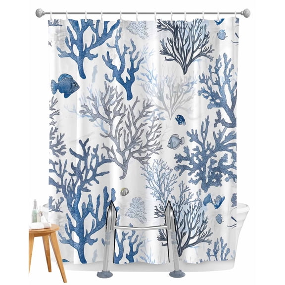 Split Shower Curtain for Transfer Bench, Blue Coastal Fabric Shower Curtains for Bathroom, Summer Nautical Ocean Beach Coral Fish Tub Sliding Transfer Bench Waterproof Bath Curtains 72"x72"