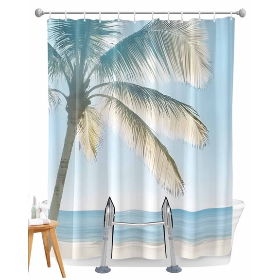 Split Shower Curtain for Transfer Bench, Blue Coastal Fabric Shower Curtains for Bathroom, Summer Palm Trees Vacation Watercolor Tub Sliding Transfer Bench Waterproof Bath Curtains 72"x72"