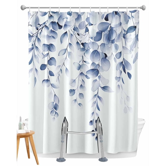 Split Shower Curtain for Transfer Bench, Blue Eucalyptus Fabric Shower Curtains for Bathroom, Botanical Plant Rustic Branch Floral Tub Sliding Transfer Bench Waterproof Bath Curtains 72"x72"