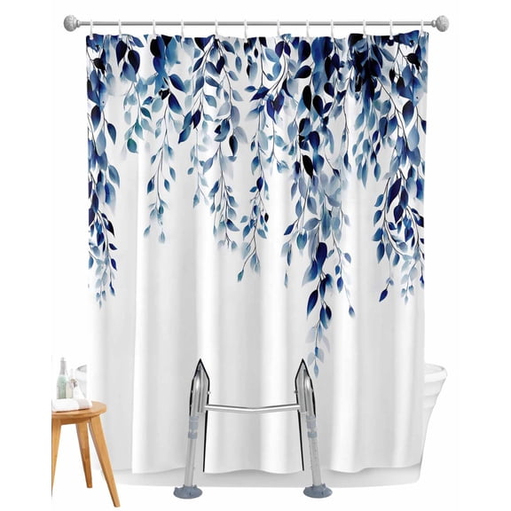 Split Shower Curtain for Transfer Bench, Blue Eucalyptus Fabric Shower Curtains for Bathroom, Weeping Botanical Leaf Watercolor Tub Sliding Transfer Bench Waterproof Bath Curtains 72"x72"