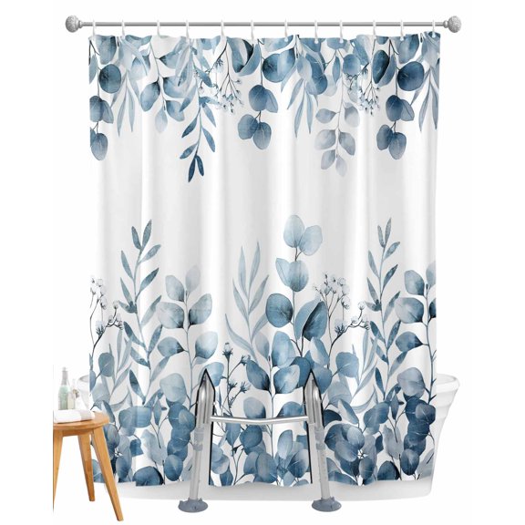 Split Shower Curtain for Transfer Bench, Blue Eucalyptus Leaves Fabric Shower Curtains for Bathroom, Watercolor Spring Summer Botanical Tub Sliding Transfer Bench Waterproof Bath Curtains 72"x96"