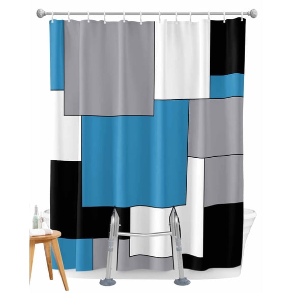Split Shower Curtain for Transfer Bench, Blue Grey Black Geometric Fabric Shower Curtains for Bathroom, Middle Century Modern Art Abstract Tub Sliding Transfer Bench Waterproof Bath Curtains 72"x96"