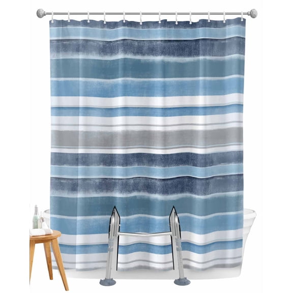 Split Shower Curtain for Transfer Bench, Blue Nordic Style Stripes Fabric Shower Curtains for Bathroom, Blue Gray Texture Tub Sliding Transfer Bench Waterproof Bath Curtains 72"x72"