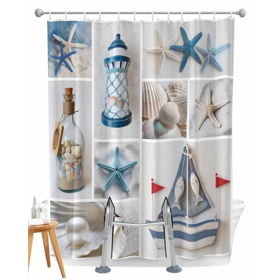 Split Shower Curtain for Transfer Bench, Blue Oceans Beach Fabric Shower Curtains for Bathroom, Nautical Coastal Starfish Seashell Tub Sliding Transfer Bench Waterproof Bath Curtains 72"x72"