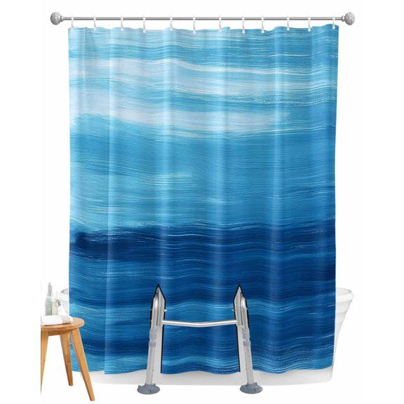 Split Shower Curtain for Transfer Bench, Blue Ombre Coastal Fabric Shower Curtains for Bathroom, Summer Gradient Ocean Wave Tub Sliding Transfer Bench Waterproof Bath Curtains 72"x96"