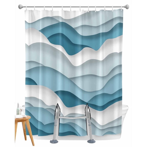 Split Shower Curtain for Transfer Bench, Blue Ombre Fabric Shower Curtains for Bathroom, Modern Geometric Moire Abstract Art Tub Sliding Transfer Bench Waterproof Bath Curtains 72"x72"