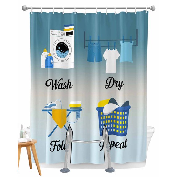Split Shower Curtain for Transfer Bench, Blue Ombre Laundry Fabric Shower Curtains for Bathroom, Wash Dry Fold Repeat Tub Sliding Transfer Bench Waterproof Bath Curtains 72"x96"