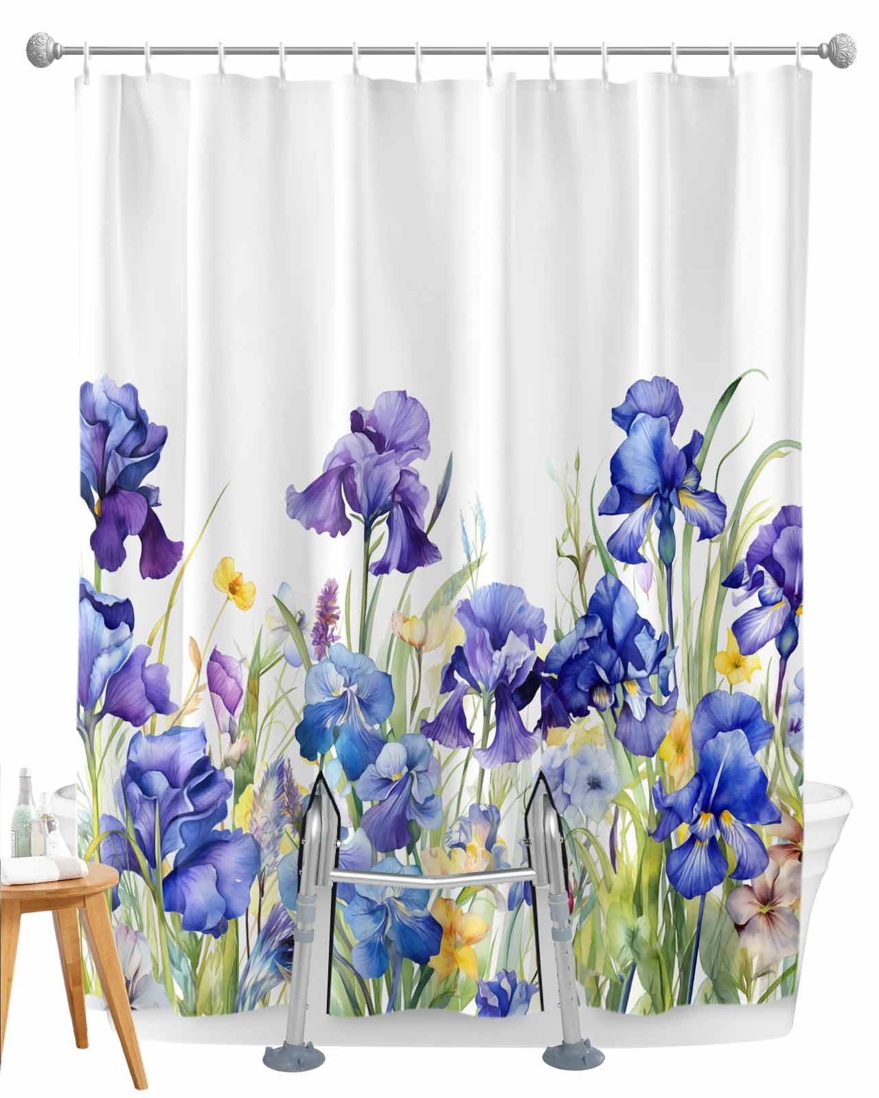 Split Shower Curtain for Transfer Bench, Blue Spring Floral Fabric