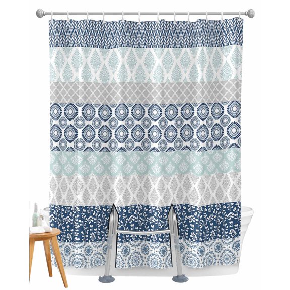 Split Shower Curtain for Transfer Bench, Blue Striped Fabric Shower Curtains for Bathroom, Boho Modern Geometric Abstract Art Ethnic Tub Sliding Transfer Bench Waterproof Bath Curtains 72"x96"