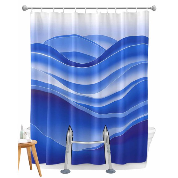 Split Shower Curtain for Transfer Bench, Blue Striped Fabric Shower Curtains for Bathroom, Modern Abstract Art Wave Moire Gradient Tub Sliding Transfer Bench Waterproof Bath Curtains 72"x96"