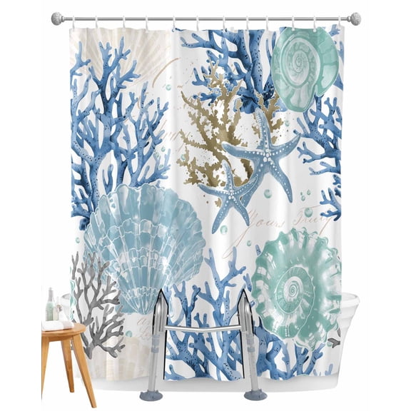 Split Shower Curtain for Transfer Bench, Blue Teal Coastal Fabric Shower Curtains for Bathroom, Summer Beach Nautical Coral Starfish Tub Sliding Transfer Bench Waterproof Bath Curtains 72"x72"