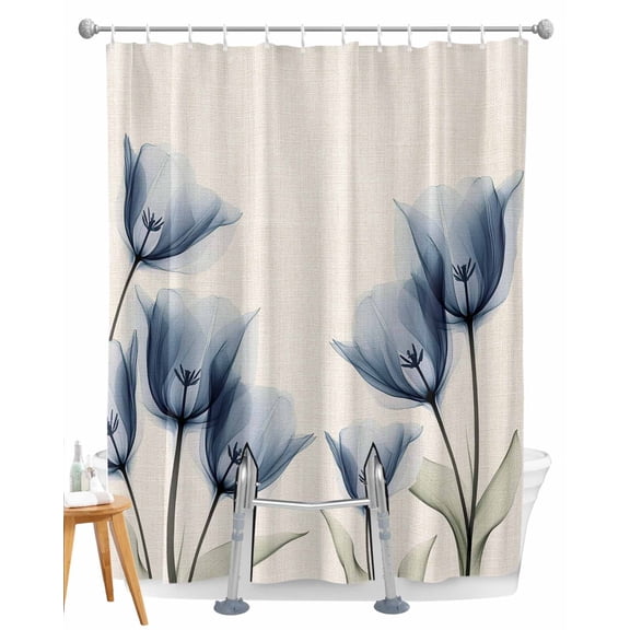 Split Shower Curtain for Transfer Bench, Blue Tulip Fabric Shower Curtains for Bathroom, Spring Floral Rustic Summer Botanical Tub Sliding Transfer Bench Waterproof Bath Curtains 72"x96"