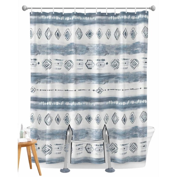 Split Shower Curtain for Transfer Bench, Blue White Stripe Fabric Shower Curtains for Bathroom, Vintage Abstract Geometric Brush Tub Sliding Transfer Bench Waterproof Bath Curtains 72"x72"