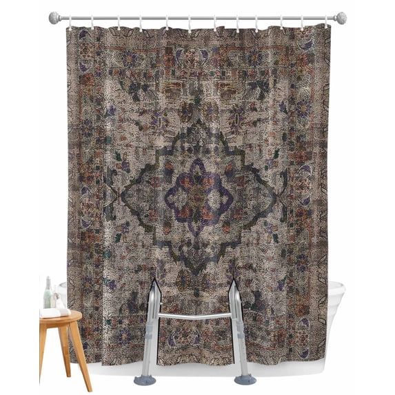 Split Shower Curtain for Transfer Bench, Boho Vintage Fabric Shower Curtains for Bathroom, Modern Geometric Abstract Art Retro Flowers Tub Sliding Transfer Bench Waterproof Bath Curtains 72"x72"