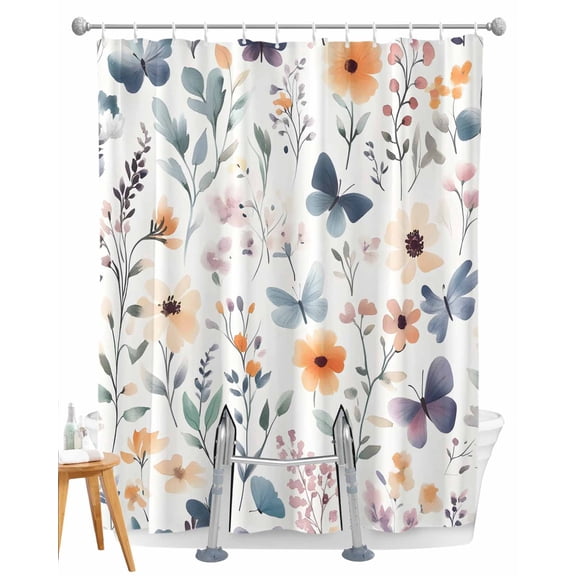 Split Shower Curtain for Transfer Bench, Botanical Flower Fabric Shower Curtains for Bathroom, Country Farm Butterfly Spring Plant Tub Sliding Transfer Bench Waterproof Bath Curtains 72"x84"