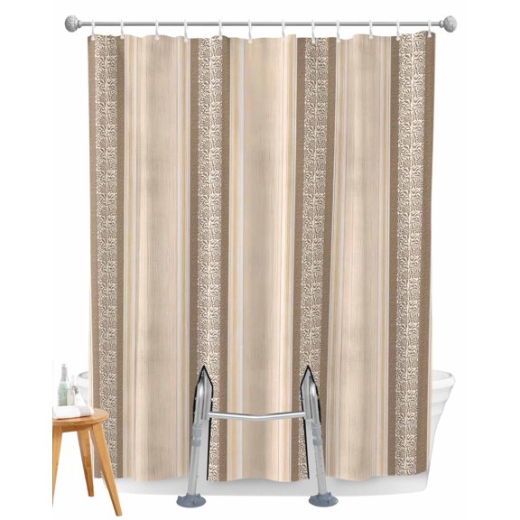 Split Shower Curtain for Transfer Bench, Brown Beige Striped Fabric Shower Curtains for Bathroom, Boho Ethnic Modern Abstract Art Tub Sliding Transfer Bench Waterproof Bath Curtains 72"x78"