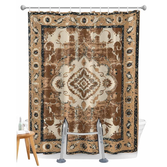 Split Shower Curtain for Transfer Bench, Brown Boho Fabric Shower Curtains for Bathroom, Retro Western Rustic Ethnic Tribal Patterns Tub Sliding Transfer Bench Waterproof Bath Curtains 72"x72"