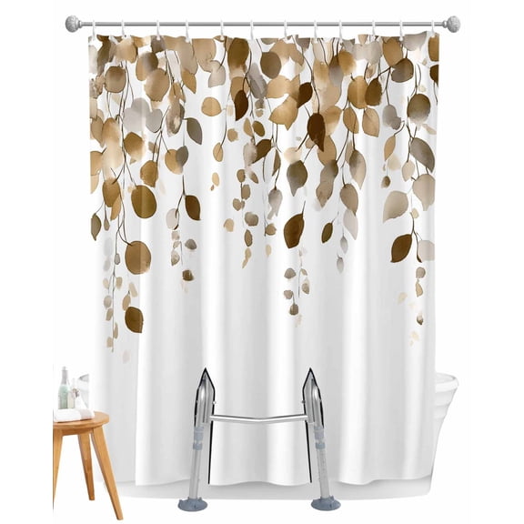 Split Shower Curtain for Transfer Bench, Brown Eucalyptus Leaves Fabric Shower Curtains for Bathroom, Summer Watercolor Leaf Tub Sliding Transfer Bench Waterproof Bath Curtains 72"x72"