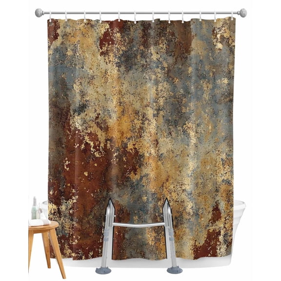 Split Shower Curtain for Transfer Bench, Brown Gray Fabric Shower Curtains for Bathroom, Rustic Abstract Gradient Mottled Texture Tub Sliding Transfer Bench Waterproof Bath Curtains 72"x96"
