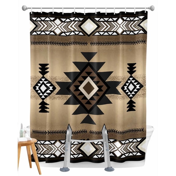 Split Shower Curtain for Transfer Bench, Brown Southwest Fabric Shower Curtains for Bathroom, Farmhouse Boho Aztec Geometric Neutral Tub Sliding Transfer Bench Waterproof Bath Curtains 72"x72"