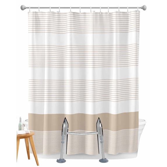 Split Shower Curtain for Transfer Bench, Brown Stripe Fabric Shower Curtains for Bathroom, Modern Rustic Horizontal Brown Striped Tub Sliding Transfer Bench Waterproof Bath Curtains 72"x96"