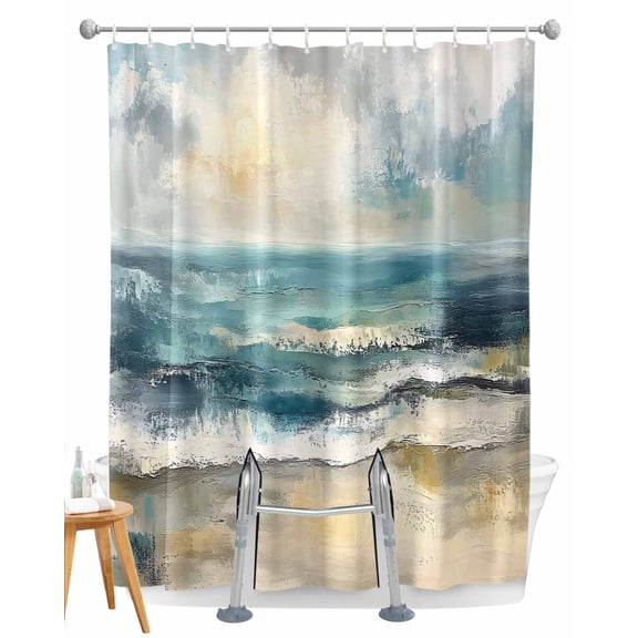Split Shower Curtain for Transfer Bench, Coastal Beach Fabric Shower Curtains for Bathroom, Abstract Oil Painting Ocean Wave Tub Sliding Transfer Bench Waterproof Bath Curtains 72"x96"
